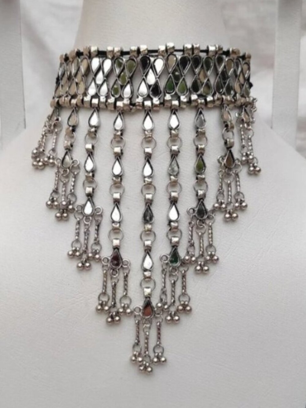 Tribal Mirror Choker Necklace: Ethnic Silver Tassel Jewelry